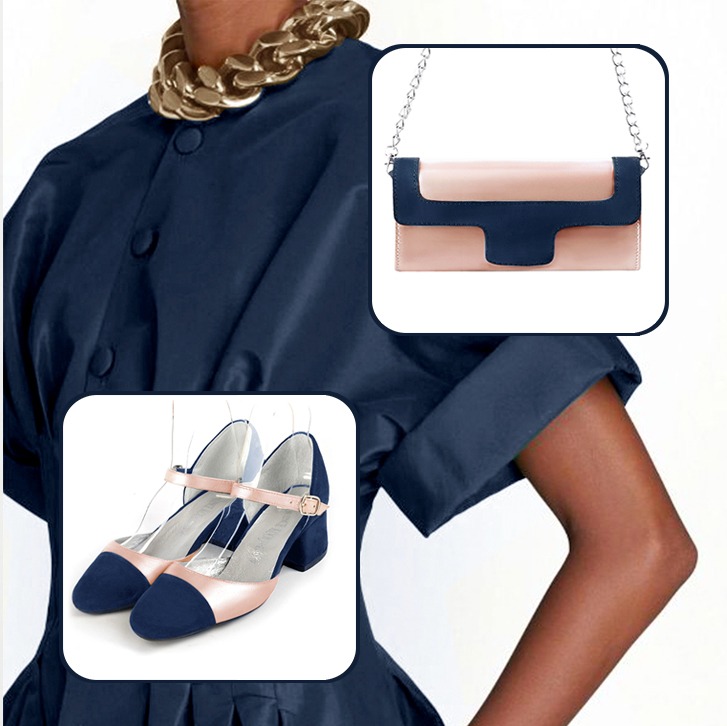 Escarpins bride cou-de-pied femme et pochette pour cérémonie assortis à une tenue bleu marine et rose poudré