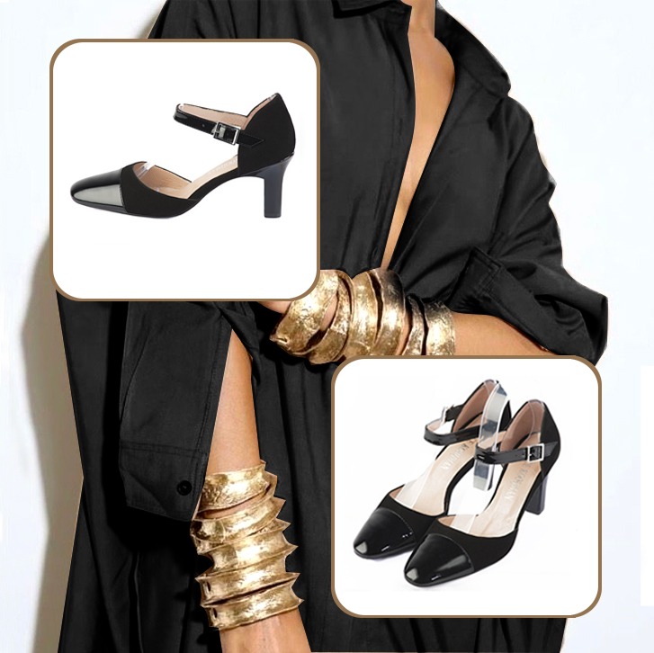 Chaussures bride cou-de-pied femme et pochette pour cérémonie pour une tenue noir brillant et noir mat