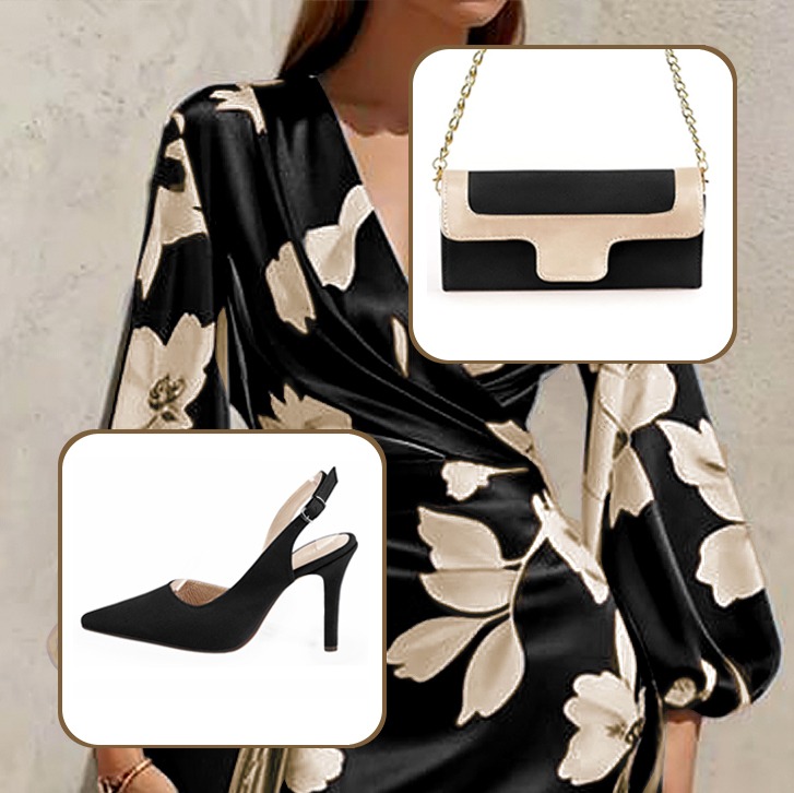 Escarpins bride arrière et pochette pour cérémonie pour une tenue noir mat et or