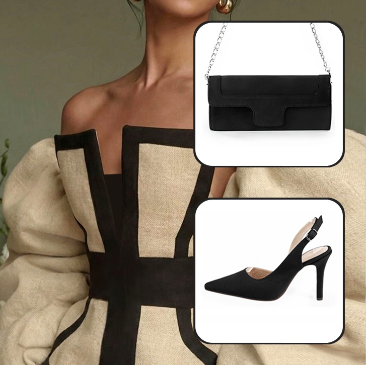 Escarpins bride arrière et pochette pour cérémonie assortis à une tenue noir mat et or