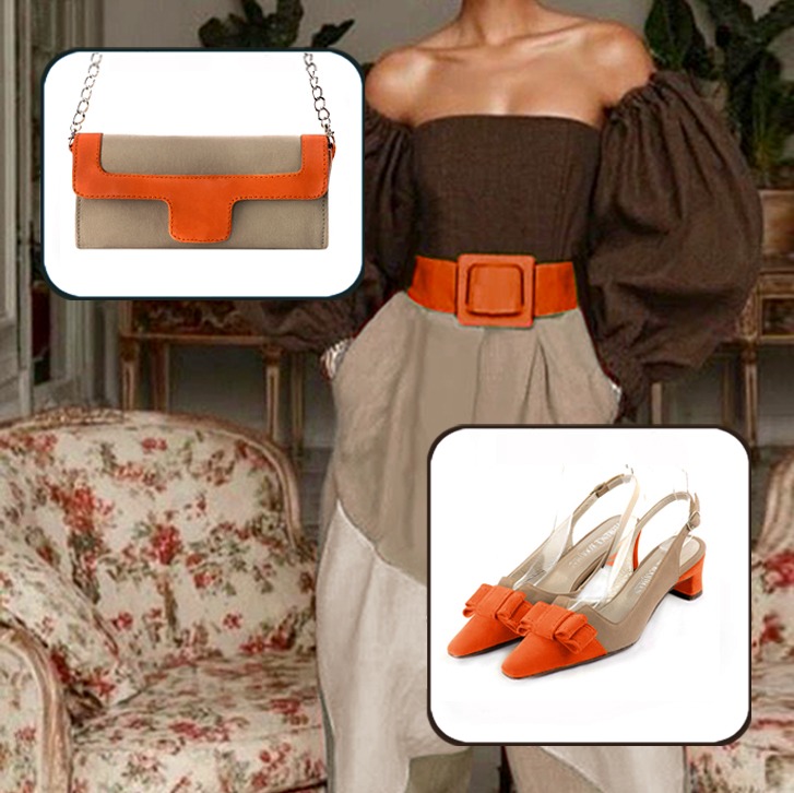 Escarpins bride arrière avec un noeud et pochette pour cérémonie assortis à une tenue orange clémentine et beige sahara