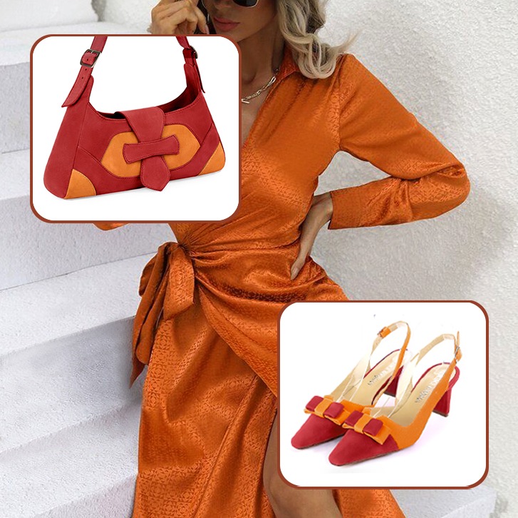 Escarpins bride arrière avec un noeud et pochette pour cérémonie assortis à une tenue rouge coquelicot et orange abricot