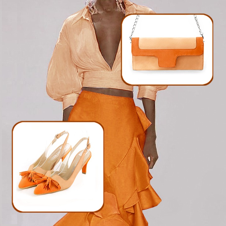 Escarpins bride arrière avec un noeud et pochette pour cérémonie assortis à une tenue orange abricot et orange curcuma