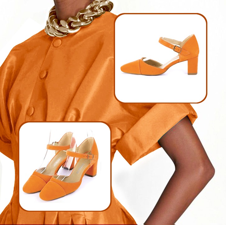 Chaussures bride cou-de-pied femme et luxueux sac à main pour une tenue orange abricot