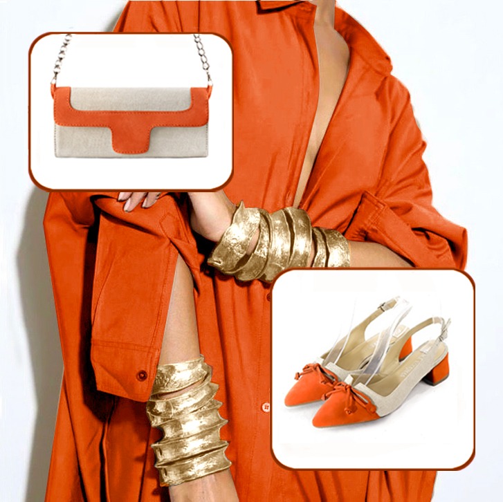 Escarpins bride arrière avec un noeud et pochette pour cérémonie assortis à une tenue orange clémentine et beige naturel