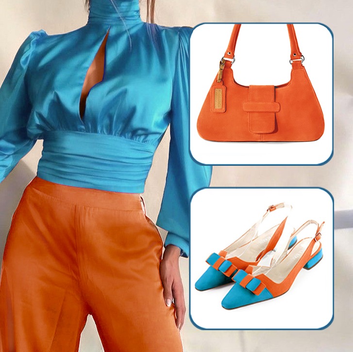 Escarpins bride arrière avec un noeud et luxueux sac à main assortis à une tenue bleu turquoise et orange clémentine