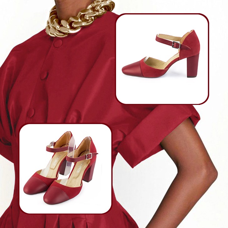 Escarpins bride cou-de-pied femme et luxueux grand sac à main assortis à une tenue rouge carmin et rouge coquelicot