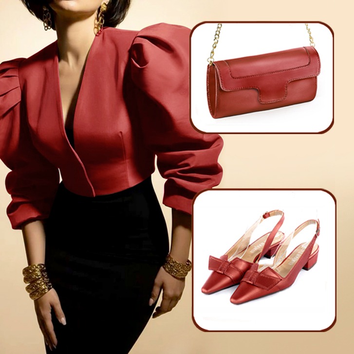 Escarpins bride arrière avec un noeud et pochette pour cérémonie assortis à une tenue rouge carmin
