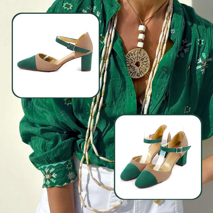 Escarpins bride cou-de-pied femme et luxueux petit sac à main assortis à une tenue vert émeraude, beige sahara et marron caramel