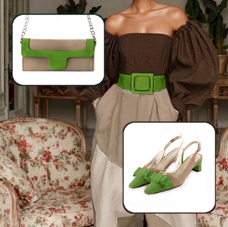 Escarpins bride arrière avec un noeud et pochette pour cérémonie assortis à une tenue vert anis et beige sahara