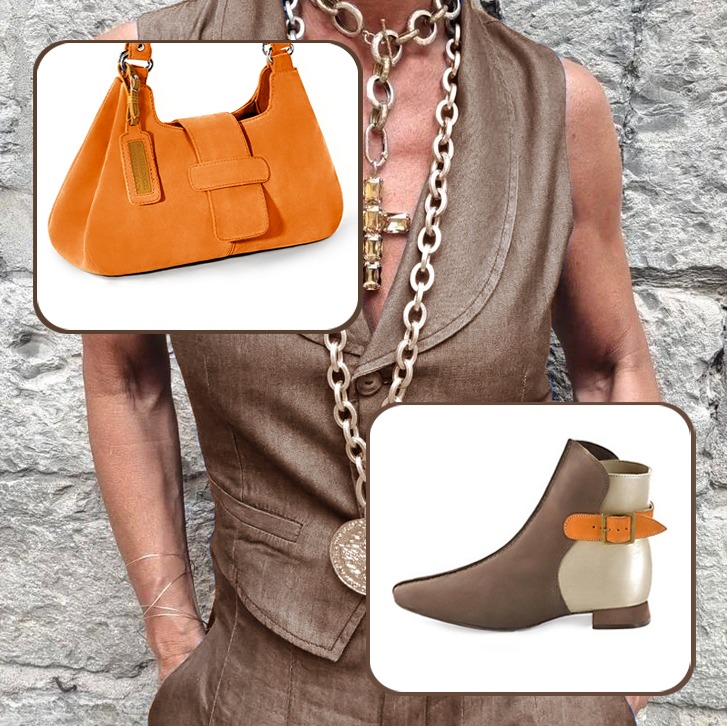 Bottines femme boucles à l'arrière et luxueux sac à main assortis à une tenue marron chocolat, or et orange abricot.