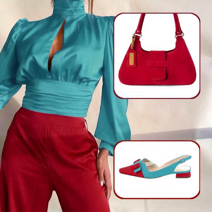 Escarpins bride arrière avec un noeud et luxueux sac à main assortis à une tenue rouge carmin et bleu lagon