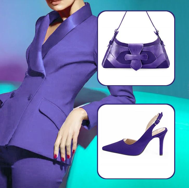Escarpins bride arrière et luxueux sac à main assortis à une tenue violet outremer et violet améthyste