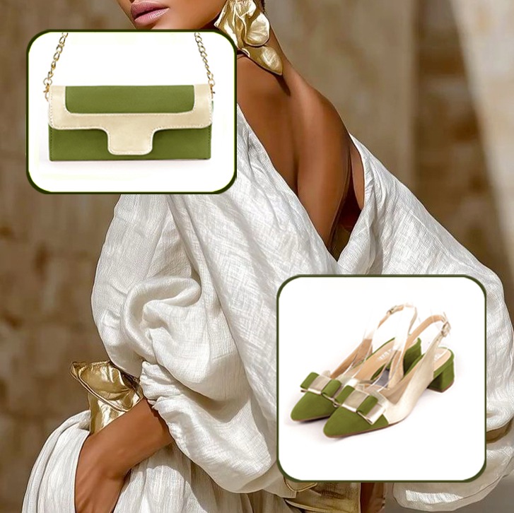 Escarpins bride arrière avec un noeud et pochette pour cérémonie assortis à une tenue vert pistache et or