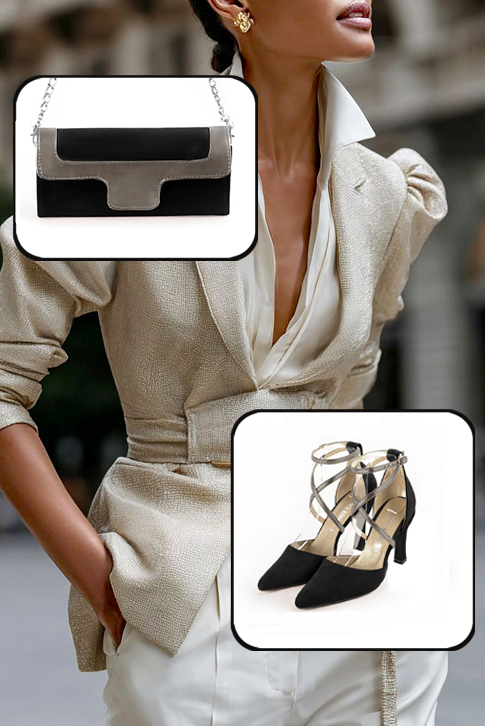 Escarpins habillés brides croisées côtés ajourés en cuir noir mat et marron taupe à talon bobine de 9.5 cm et bout effilé - Vue porté