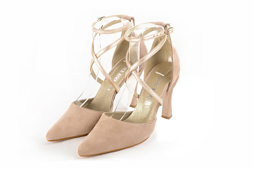 Escarpins habillés brides croisées côtés ajourés en cuir beige biscuit et or à talon bobine de 9.5 cm et bout effilé - Vue avant
