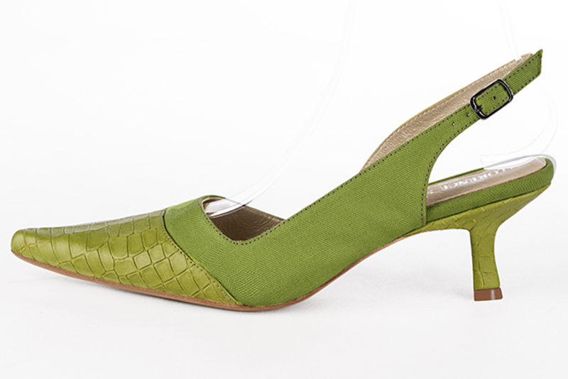 Chaussure femme à brides :  couleur vert pistache. Bout pointu. Talon mi-haut bobine. Vue de profil - Florence KOOIJMAN