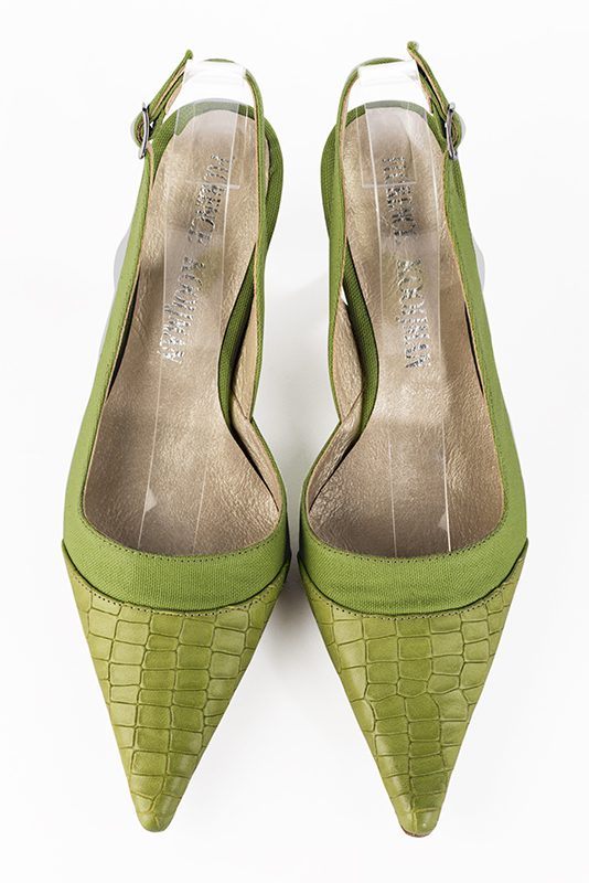 Chaussure femme à brides :  couleur vert pistache. Bout pointu. Talon mi-haut bobine. Vue du dessus - Florence KOOIJMAN