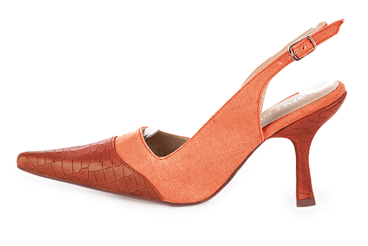 Chaussure femme à brides :  couleur orange corail. Bout pointu. Talon haut bobine. Vue de profil - Florence KOOIJMAN