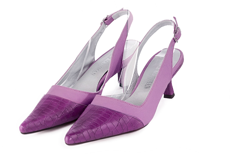 Chaussure femme à brides :  couleur violet mauve. Bout pointu. Talon mi-haut bobine Vue avant - Florence KOOIJMAN