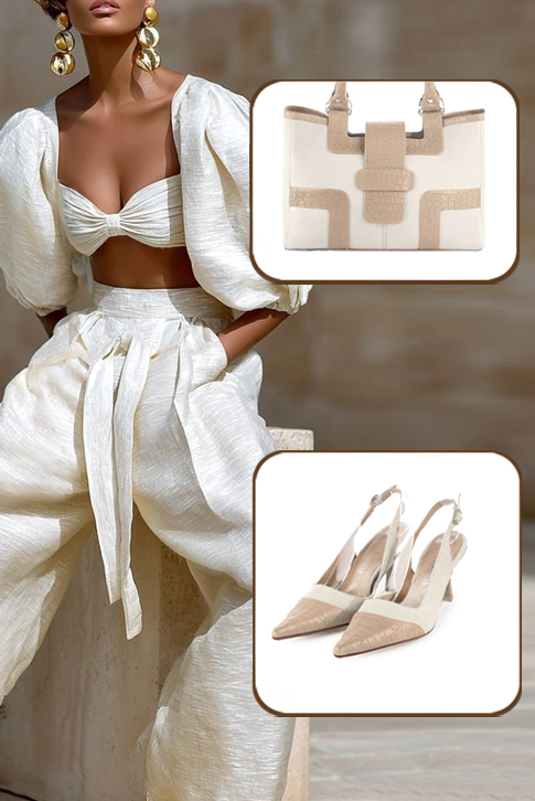 Escarpins habillés bride arrière en cuir beige sahara et blanc cassé à talon bobine de 7.5 cm et bout pointu - Vue du dessus
