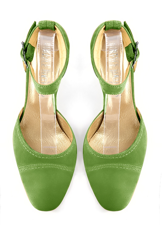 Chaussure femme côtés ouverts : Chaussure femme ouverte sur les côtés bride cheville couleur vert anis. Talon haut. Talon compensé. Bout rond - Florence KOOIJMAN