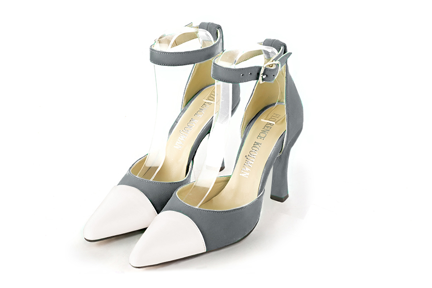 Escarpins arrière fermé bride cheville pour femme en cuir blanc cassé et gris avec bout effilé et talon bobine de 9.5 cm - Vue avant
