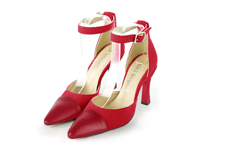 Escarpins habillés bride cheville bout et talon séparés en cuir rouge carmin à talon bobine de 9.5 cm et bout effilé - Vue avant