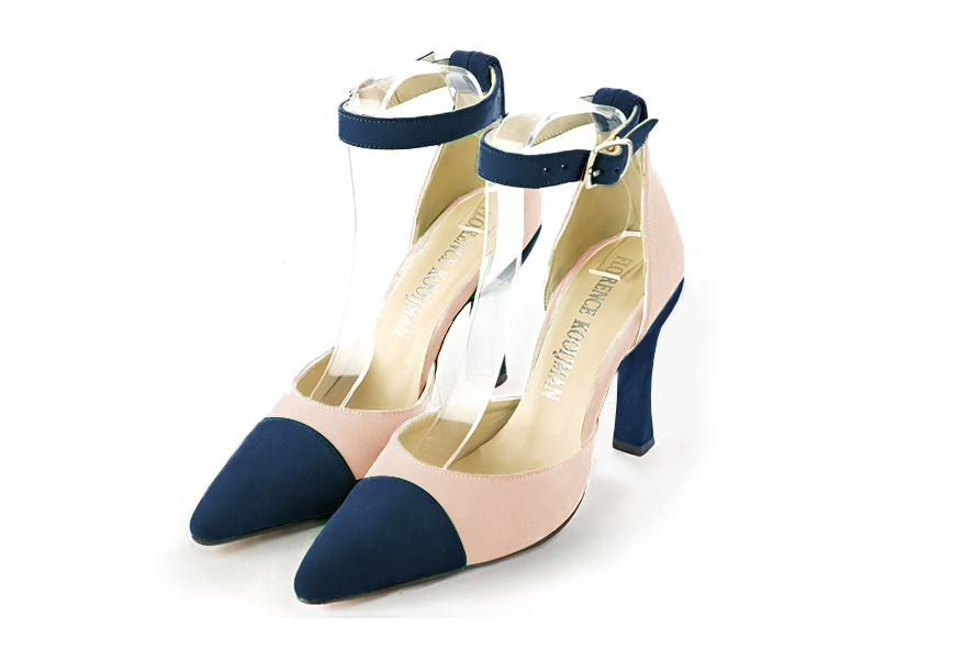 Escarpins habillés bride cheville bout et talon séparés en cuir bleu marine et rose poudré à talon bobine de 9.5 cm et bout effilé - Vue avant