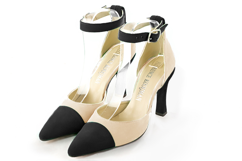Escarpins habillés bride cheville milieu ouvert cuir noir mat et blanc ivoire à talon bobine de 9.5 cm et bout effilé - Vue avant