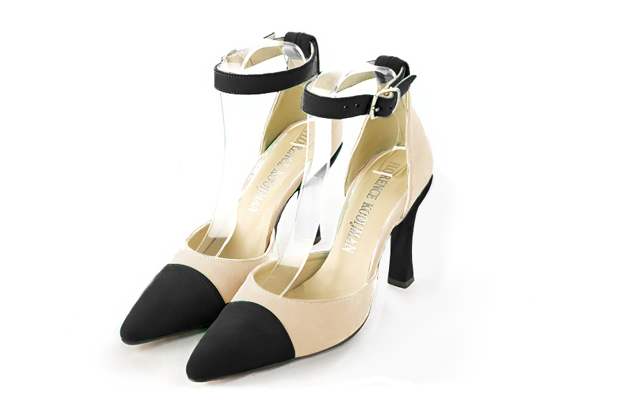 Escarpins habillés bride cheville bout et talon séparés en cuir noir mat et blanc ivoire à talon bobine de 9.5 cm et bout effilé - Vue avant