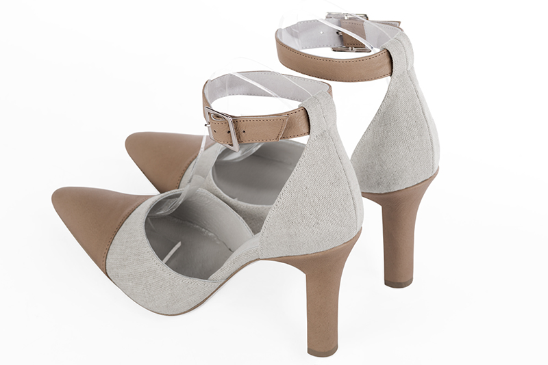 Chaussure femme à brides : Chaussure côtés ouverts bride cheville couleur beige sahara et gris perle. Bout effilé. Talon très haut trotteur. Vue arrière - Florence KOOIJMAN