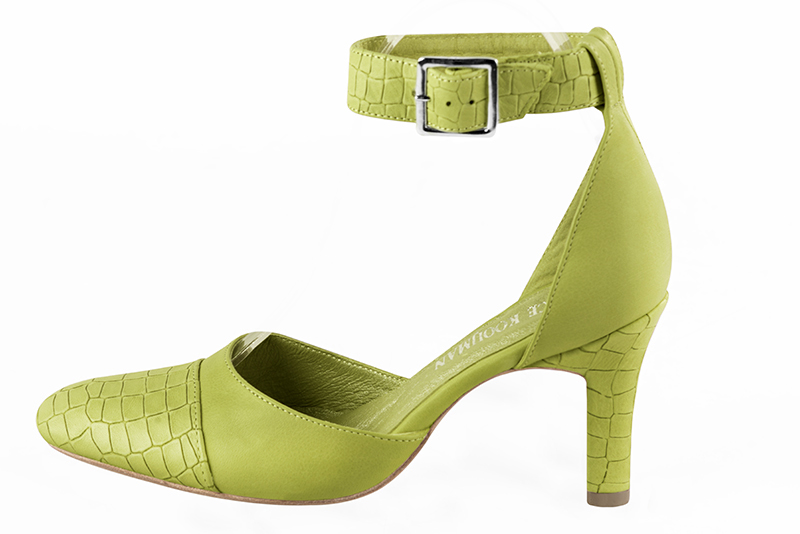 Chaussure femme à brides : Chaussure côtés ouverts bride cheville couleur vert pistache. Bout rond. Talon haut trotteur. Vue de profil - Florence KOOIJMAN