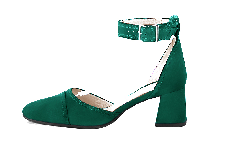 Chaussure femme à brides : Chaussure côtés ouverts bride cheville couleur vert émeraude. Bout rond. Talon mi-haut évasé. Vue de profil - Florence KOOIJMAN