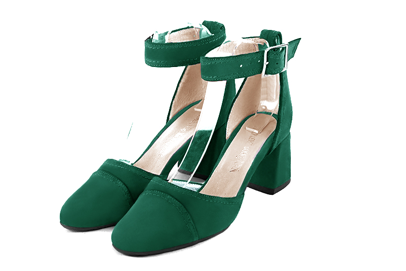 Chaussure femme à brides : Chaussure côtés ouverts bride cheville couleur vert émeraude. Bout rond. Talon mi-haut évasé Vue avant - Florence KOOIJMAN