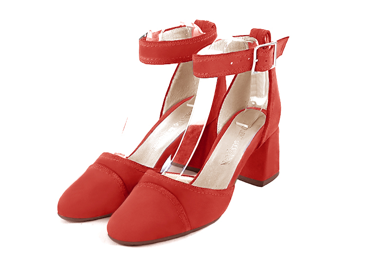 Chaussure femme à brides : Chaussure côtés ouverts bride cheville couleur rouge coquelicot. Bout rond. Talon mi-haut évasé Vue avant - Florence KOOIJMAN