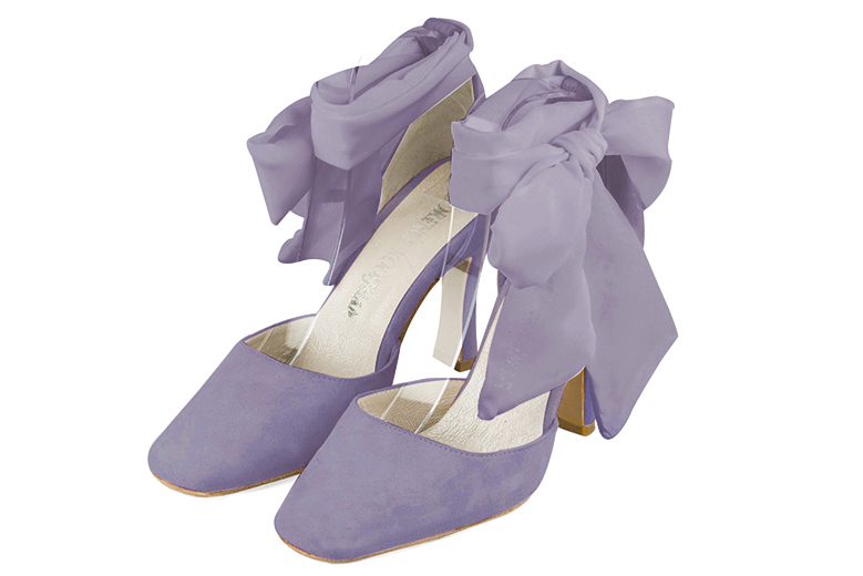Chaussure femme à brides : Chaussure côtés ouverts foulard cheville couleur violet parme. Bout carré. Talon très haut bobine Vue avant - Florence KOOIJMAN