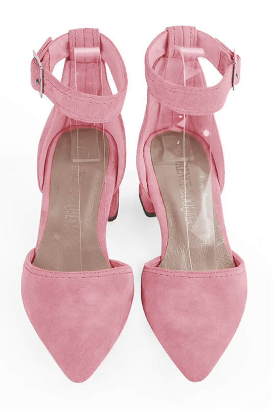 Chaussure femme à brides : Chaussure côtés ouverts bride cheville couleur rose camélia. Bout effilé. Petit talon évasé. Vue du dessus - Florence KOOIJMAN