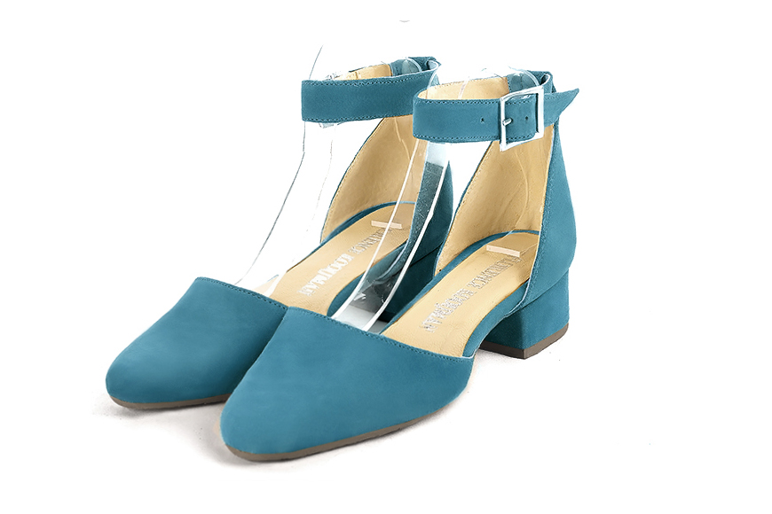 Chaussures bride cheville femme ouvertes sur les côtés bleu canard. Bout rond. Talon bottier de 3.5 cm - Vue avant