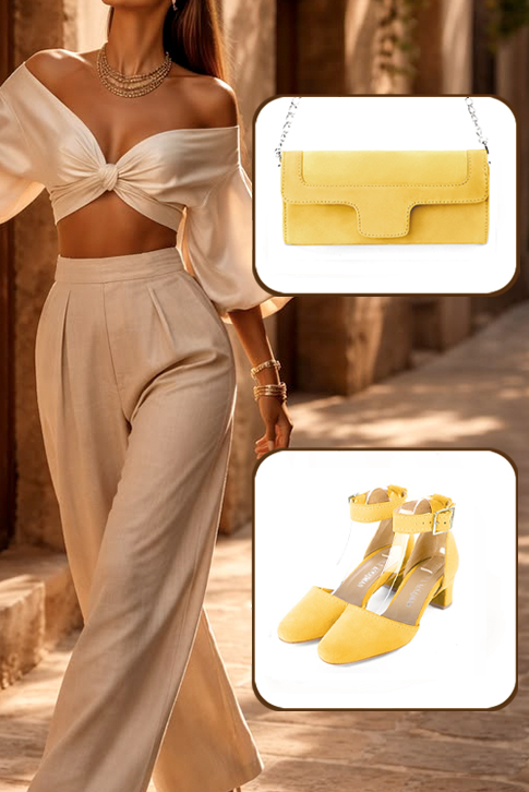 Escarpins habillés bride cheville milieu ouvert cuir jaune à talon trotteur de 4.5 cm et bout rond - Vue porté
