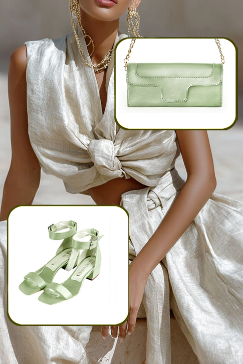 Sandales habillées femme bride cheville en cuir vert pastel à talon bottier de 3.5 cm et bout carré - Vue porté