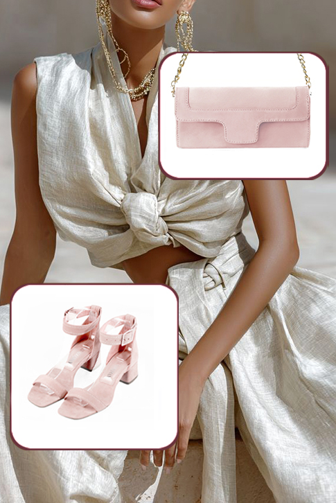 Sandales habillées femme bride cheville en cuir rose poudré à talon évasé de 4.5 cm et bout carré - Vue porté