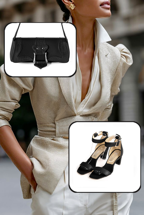 Sandales habillées femme bride cheville en cuir noir satiné à talon virgule de 6.5 cm et bout carré - Vue porté