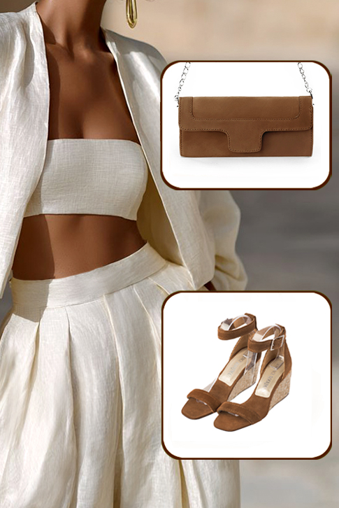 Sandales habillées femme bride cheville en cuir marron caramel à talon compensé de 6 cm et bout carré - Vue porté