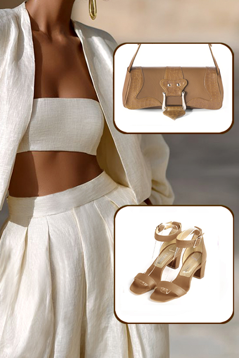 Sandales habillées femme bride cheville en cuir beige camel à talon bottier de 6.5 cm et bout carré - Vue porté