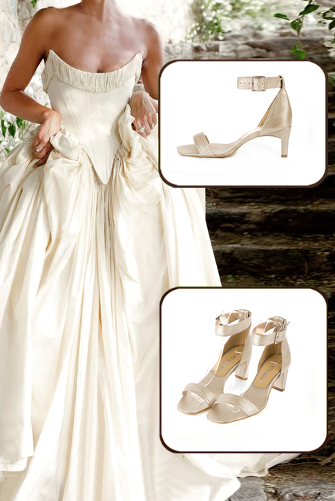 Sandales habillées femme bride cheville en cuir or à talon virgule de 6.5 cm et bout carré - Vue porté