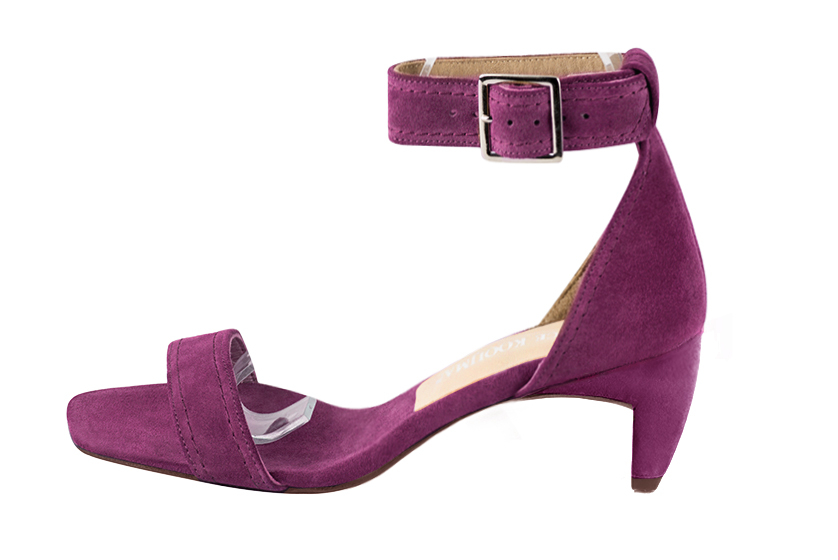 Sandale femme : Sandale soirées et cérémonies couleur violet myrtille. Bout carré. Talon mi-haut virgule. Vue de profil - Florence KOOIJMAN
