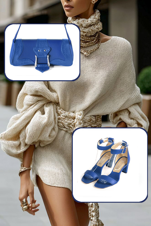 Sandales habillées femme bride cheville en cuir bleu électrique à talon virgule de 6.5 cm et bout carré - Vue porté