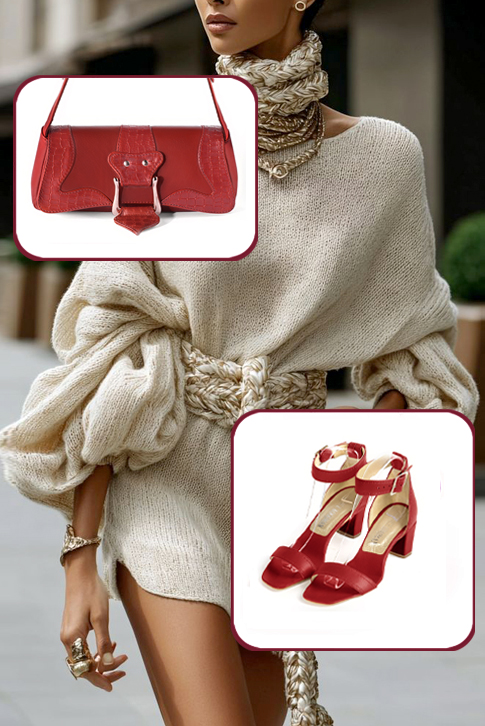 Sandales habillées femme bride cheville en cuir rouge coquelicot à talon bottier de 6.5 cm et bout carré - Vue porté