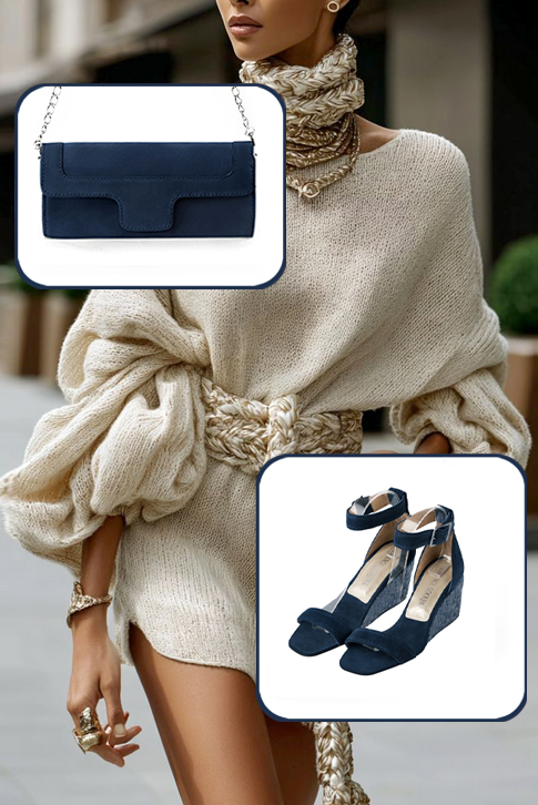 Sandales habillées femme bride cheville cuir bleu marine à talon compensé de 6 cm et bout carré - Vue porté